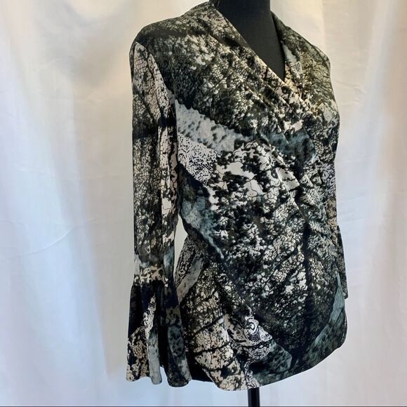 MELANIE Lyne Olive green ivory black multicoloured abstract wrap blouse Sz S - Picture 3 of 11